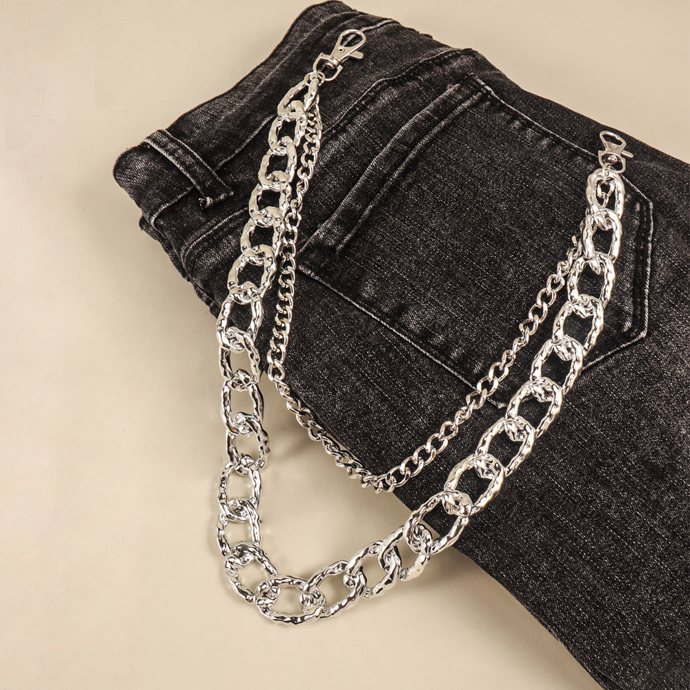 Silver Multi-layer Hollow Pants Chain Personality Design Thick And Thin Chain Simple Fashion With Denim Overalls
