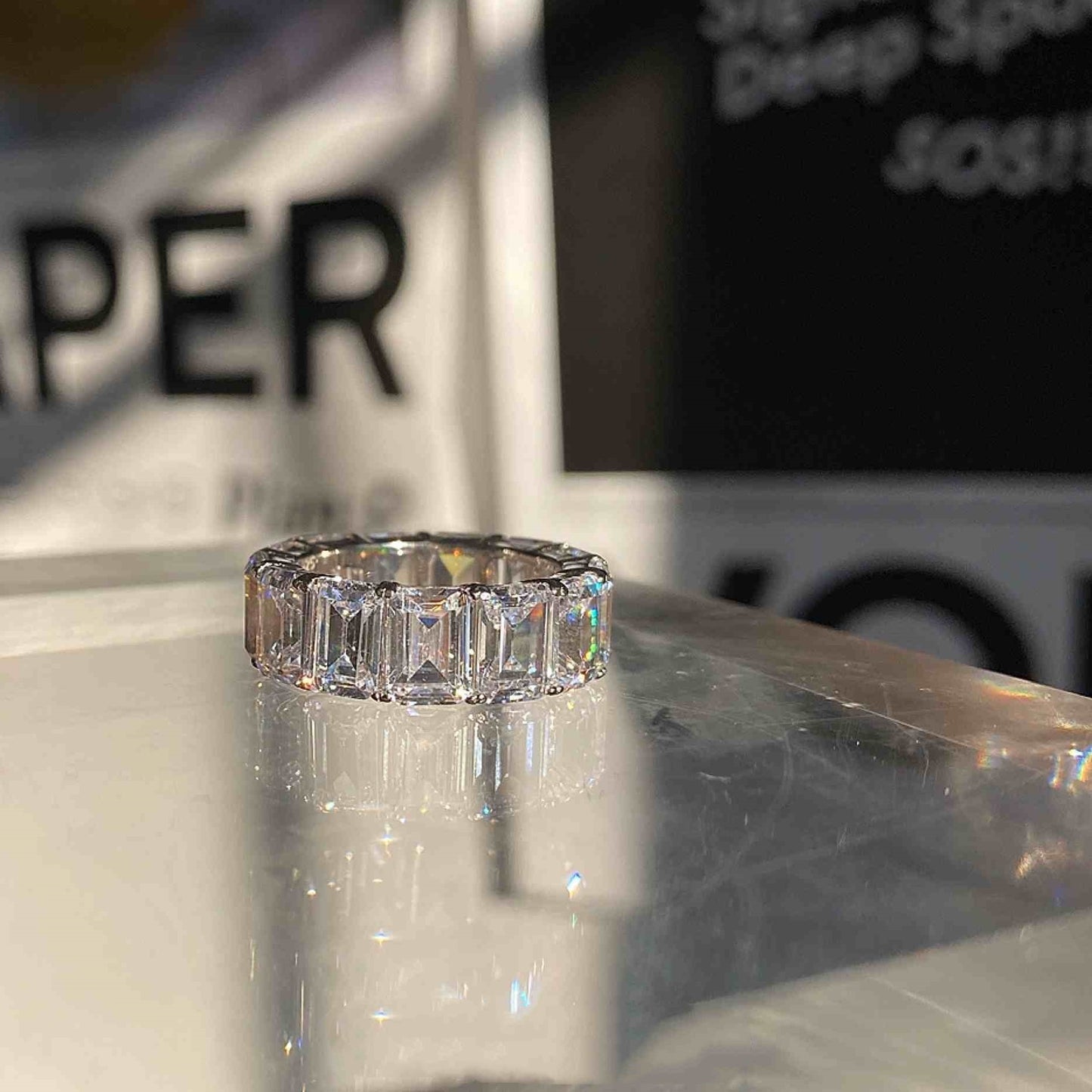 925 Silver Zircon Big Diamond Emerald Cut Row Diamond Ring
