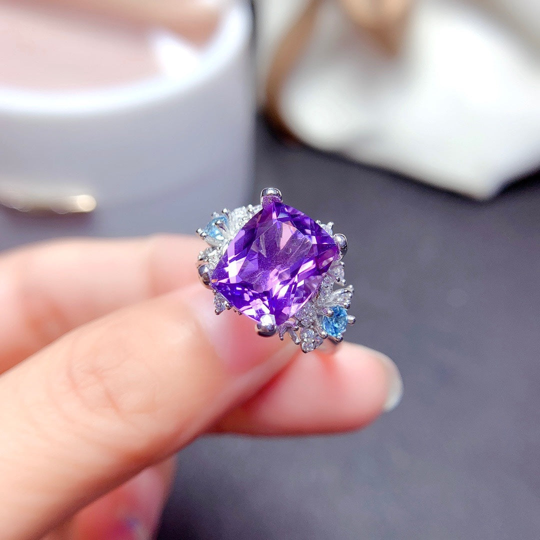 Fine Natural Amethyst Ring Women Fashion S925 Sterling Silver