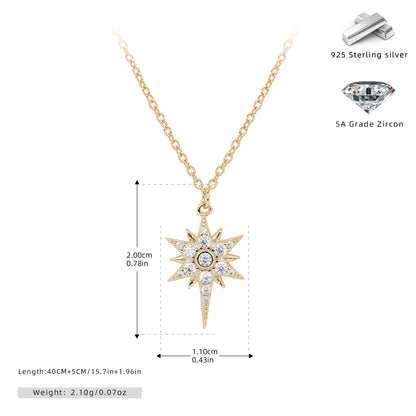 S925 Sterling Silver Inlaid Stone Eight-pointed Stars Pendant Necklace
