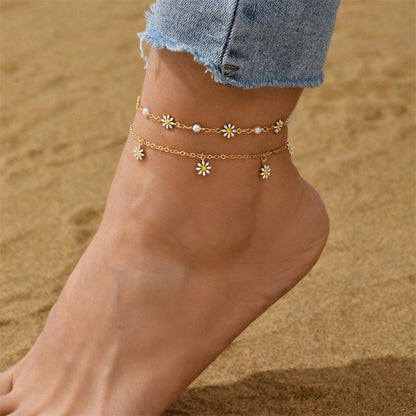 Beach Dripping Oil Tassel Flowers Bead Double-circle Anklet