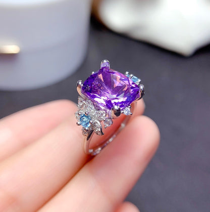 Fine Natural Amethyst Ring Women Fashion S925 Sterling Silver
