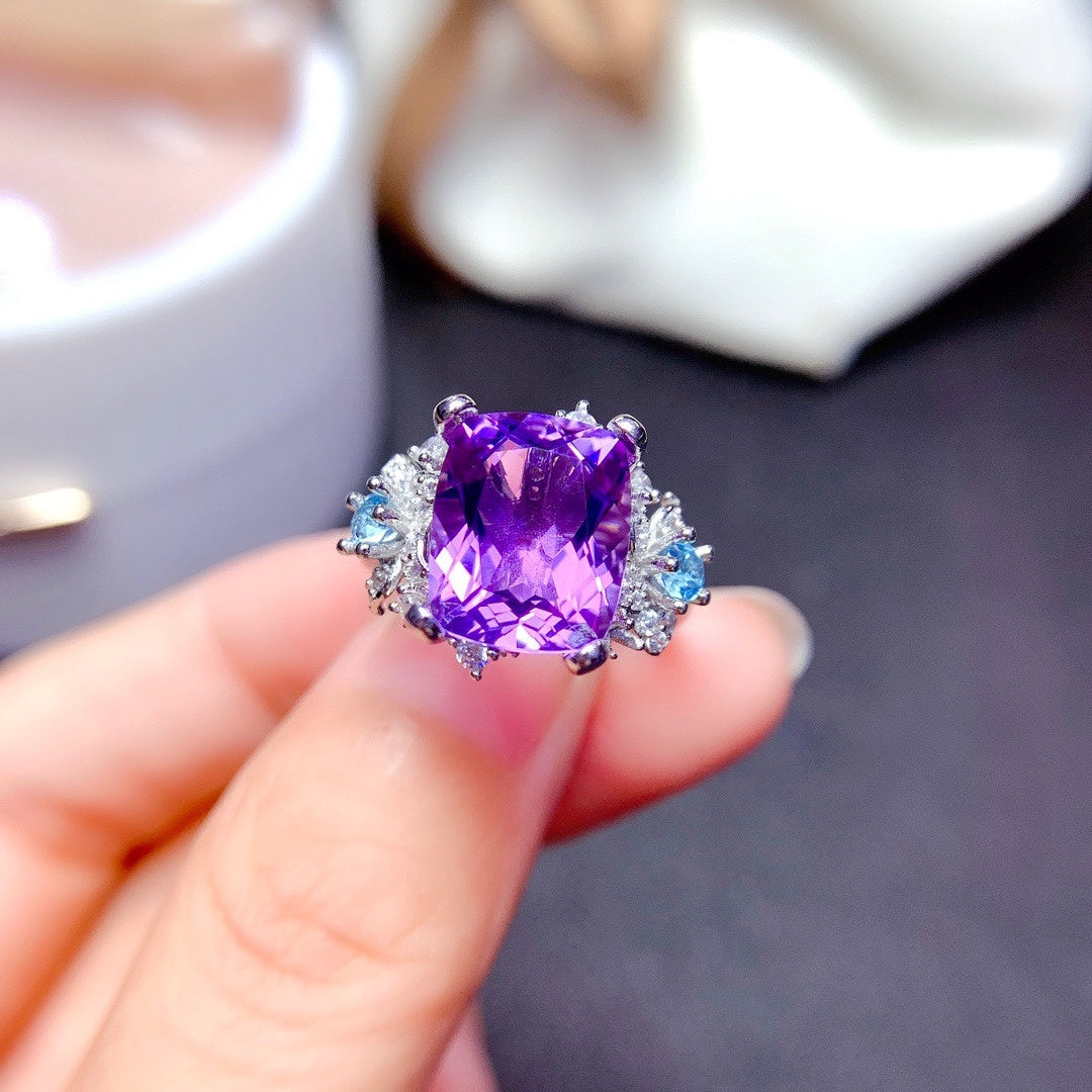 Fine Natural Amethyst Ring Women Fashion S925 Sterling Silver